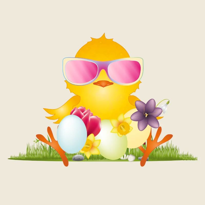 fluffy chick with Easter eggs and pink glasses