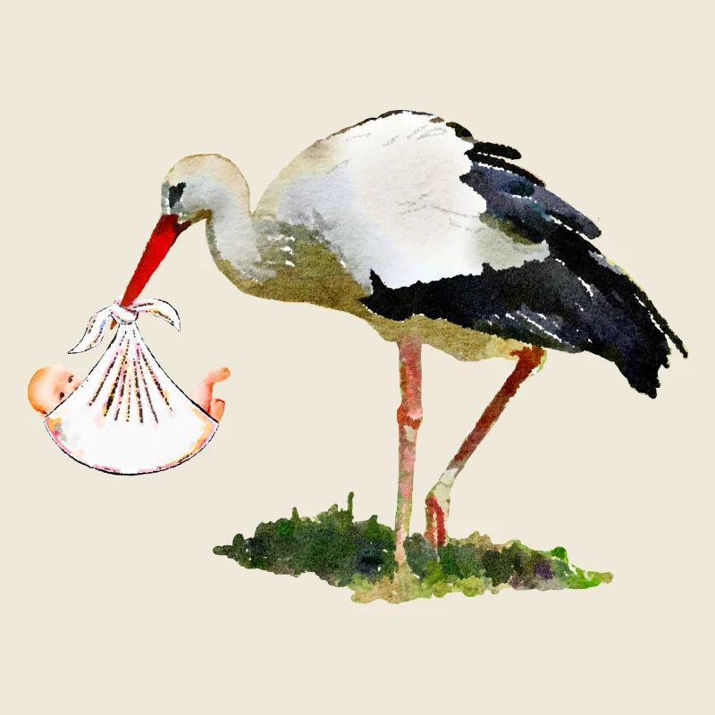 Cigogne avec bébé dans une écharpe