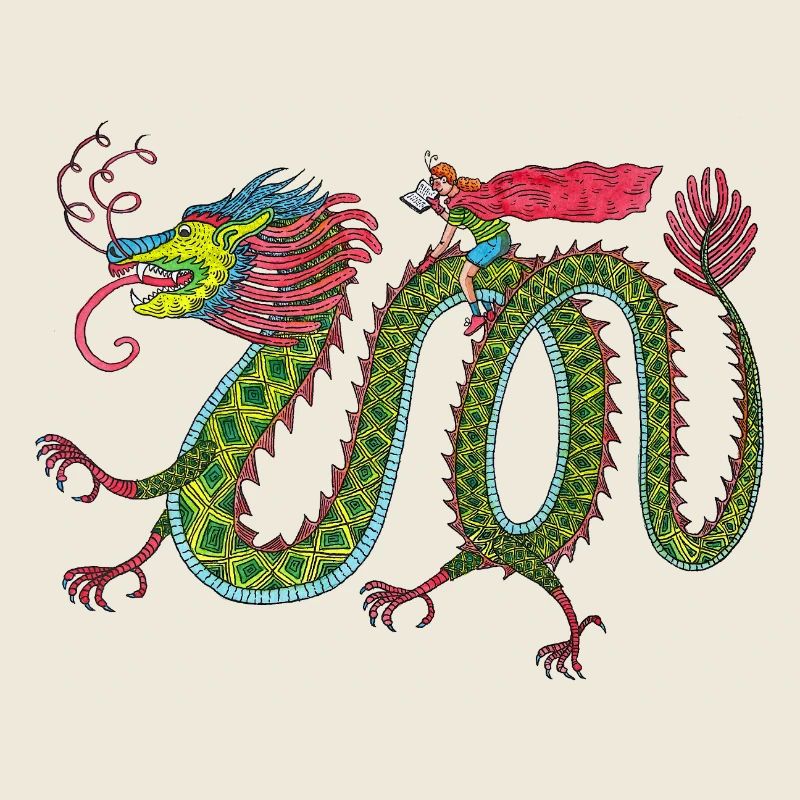 Drache mit lesendem Reiter