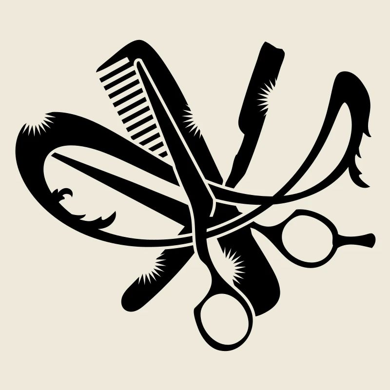 Un logo de coiffure avec un peigne, ciseaux et
