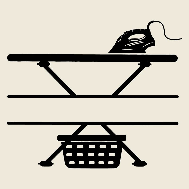 Fer à repasser, planche à repasser et panier à linge, bannière de texte
