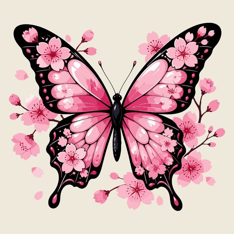 Papillon rose devant des cerisiers en fleurs