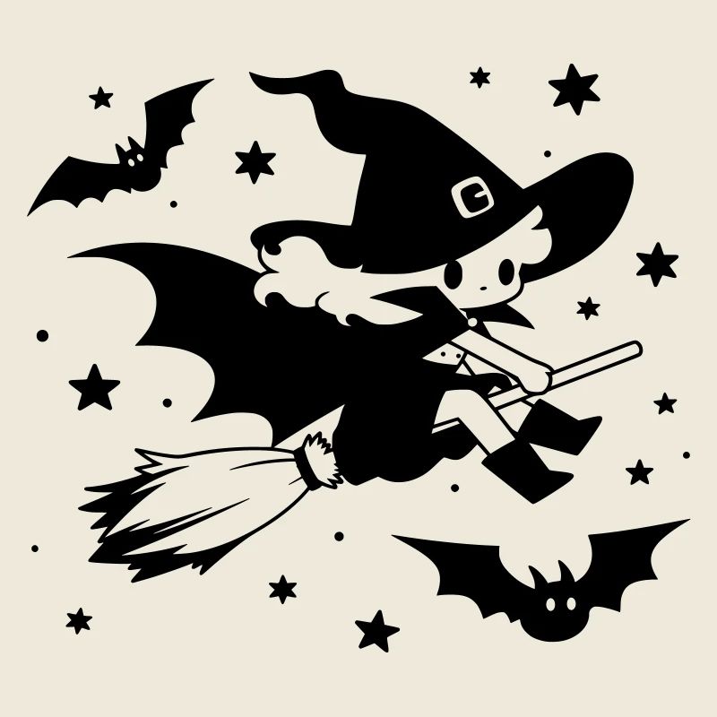 Flying Witch with Broom Halloween Motif