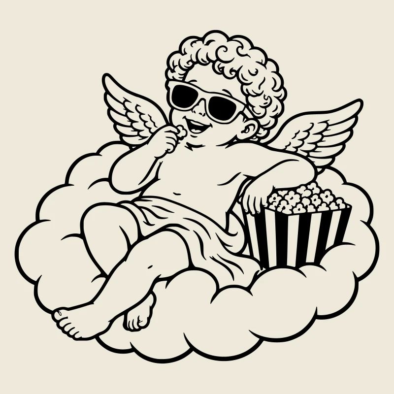 Cherub chills with popcorn on cloud