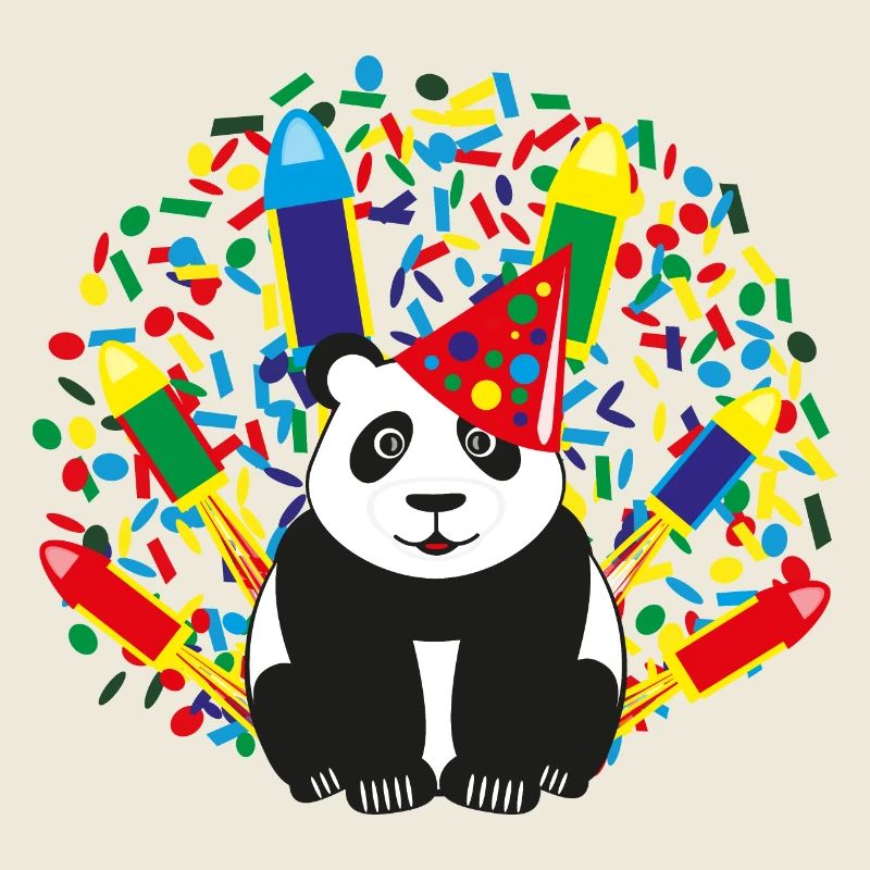 Geburtstags Panda mit Konfetti und Raketen.