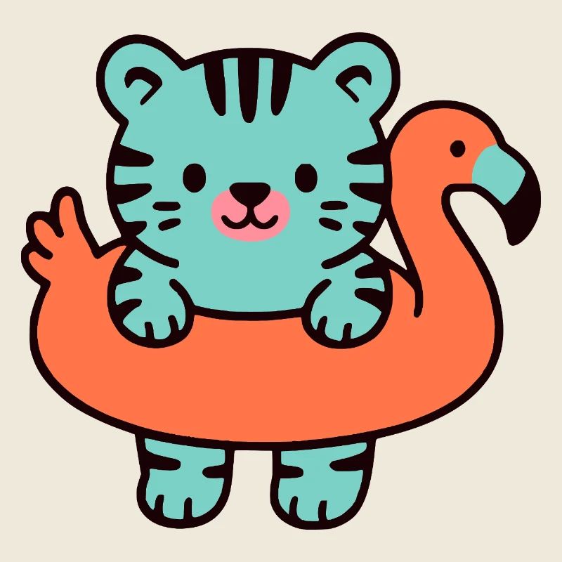 Tigre mignon sur bouée flamant orange