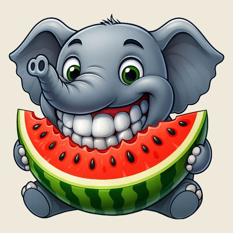 Fröhlicher Elefant mit Melone Obst Sommer Grinsen