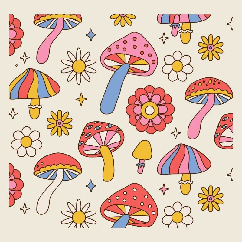 Retro Mushroom Flower Pattern 70s Design