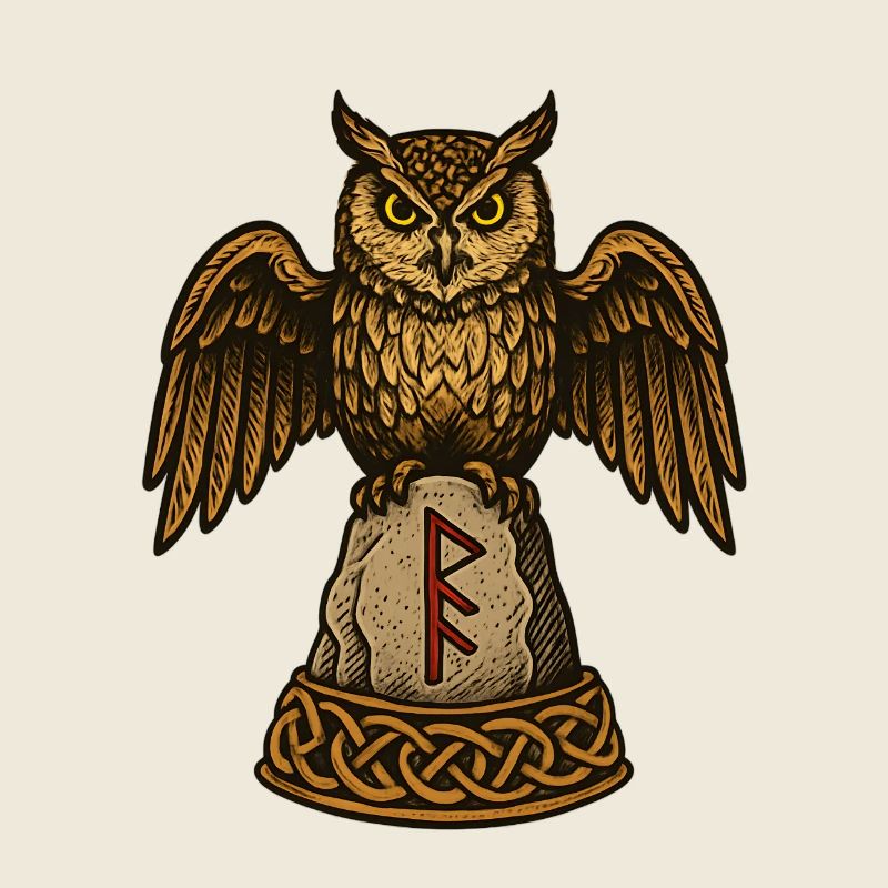 Eule auf Runenstein mit Knotwerk