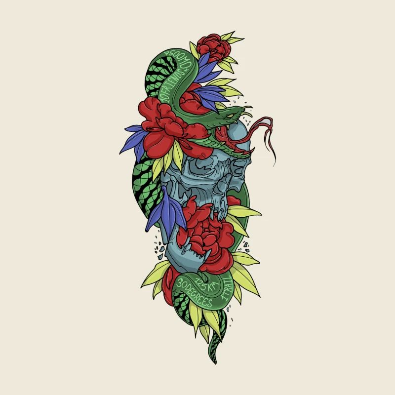 Crâne floral et serpent coloré