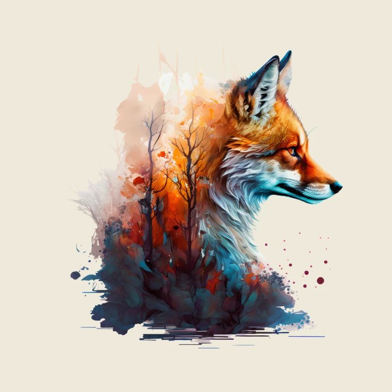 Abstract fox's head protruding from a forest