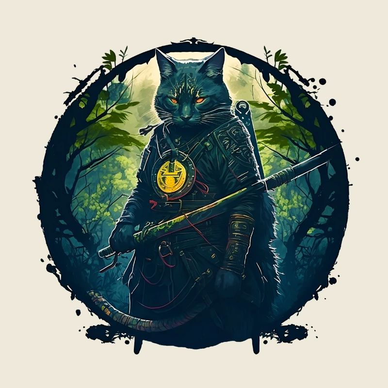 Katze als Samurai in Wald