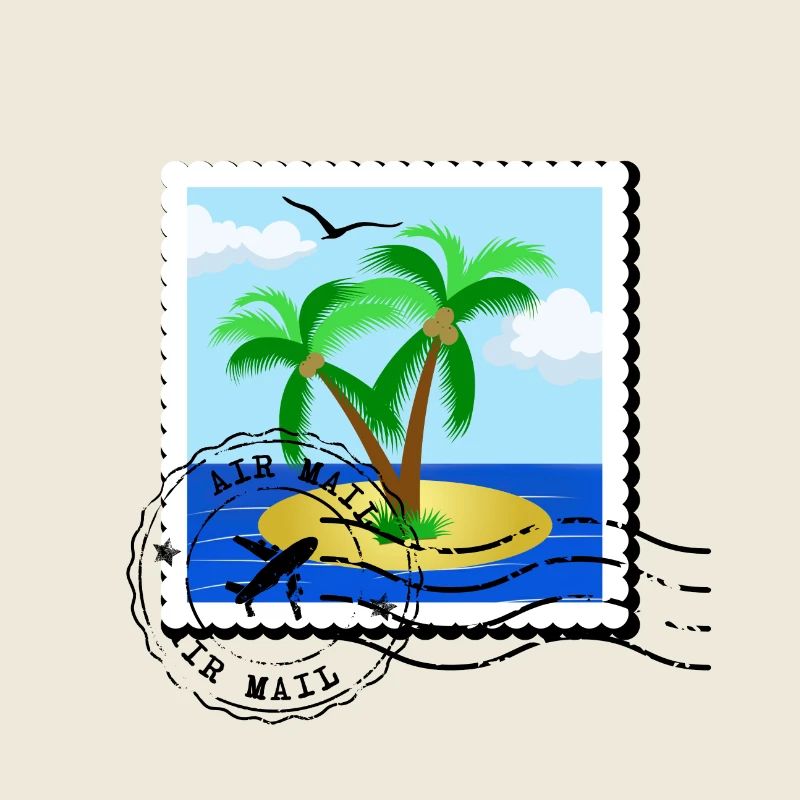 Postage stamp with palm tree on desert island and stamp
