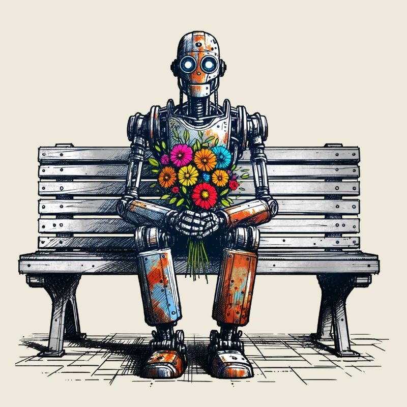 roboter bank blumen robot love rostig kunst