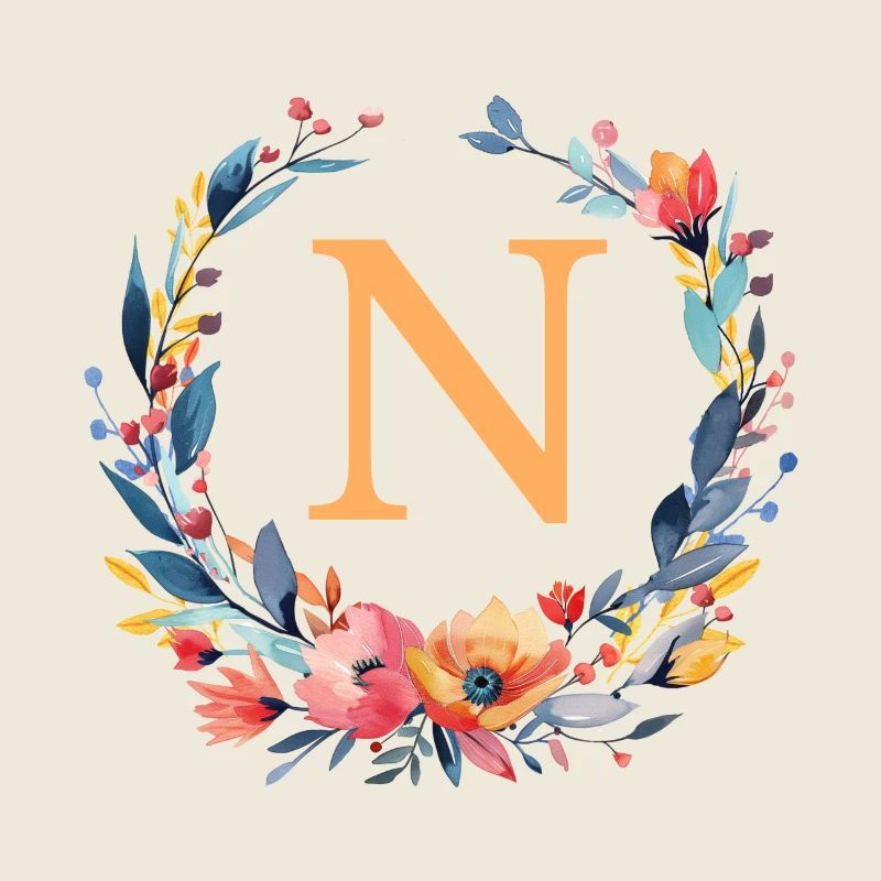 N Monogramm, Blumen-Kranz, personalisierbar