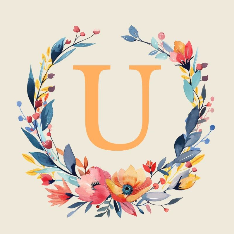 U monogramme, cercle de fleurs, personnalisable