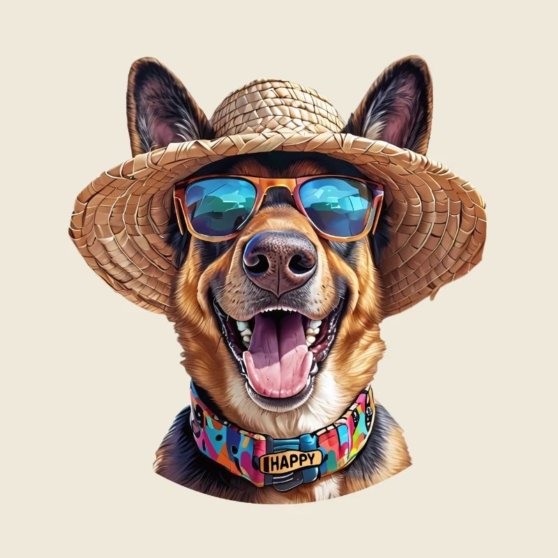 German Shepherd with Straw Hat & Sunglasses