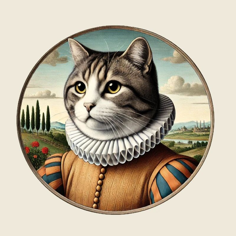 Grau getigerter Kater in einem Renaissancekostüm