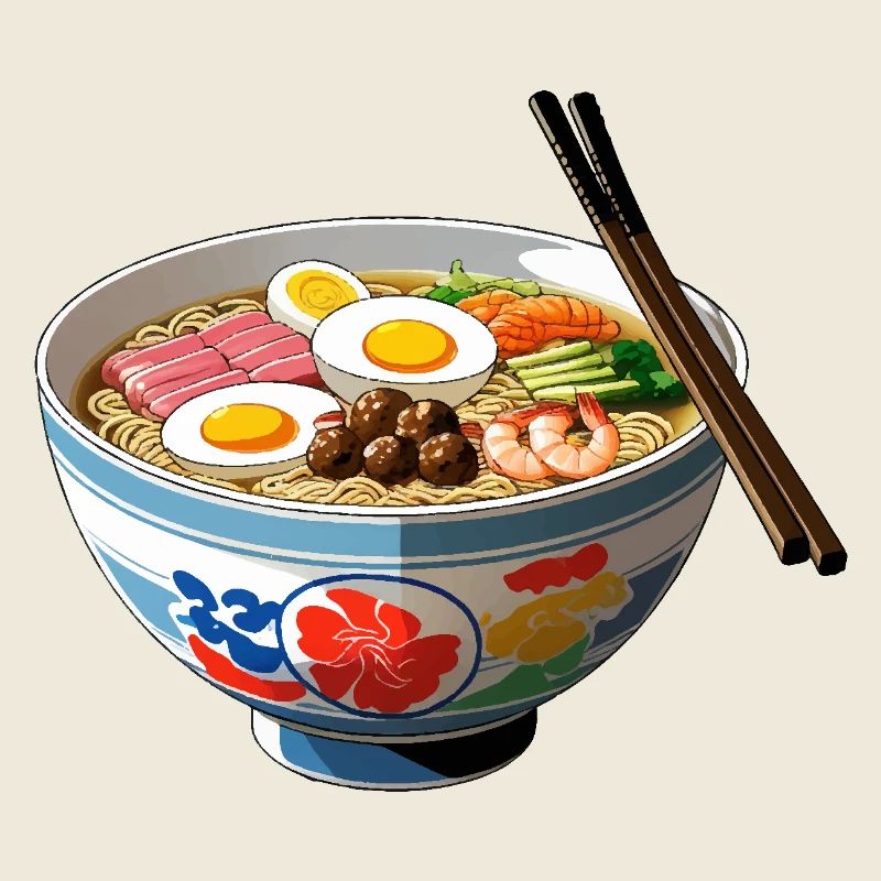 Ramen Bowl Illustration with Egg Shrimp