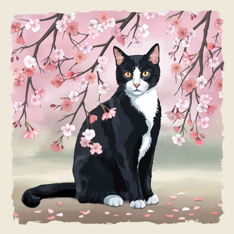 Chat en fleur de cerisier : Fleurs de Sakura roses, Chat noir
