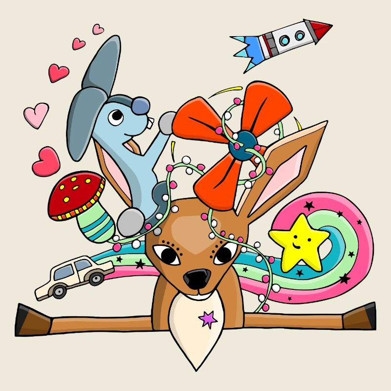 Süßes Reh, Hase Collage mit Regenbogen