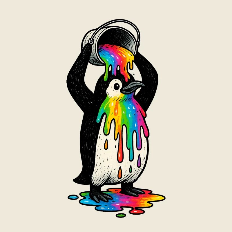 Bunter Pinguin mit Farbeimer