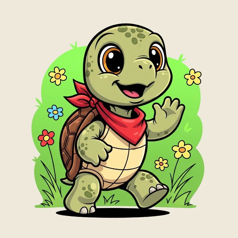 Tortue mignonne avec sac à dos et fleurs