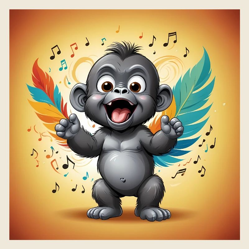 Animated Monkey with Colorful Feathers and Musical Notes