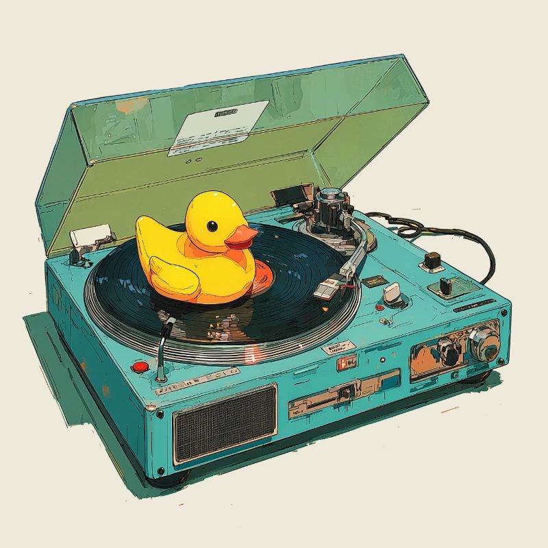 Rubber duck on record player