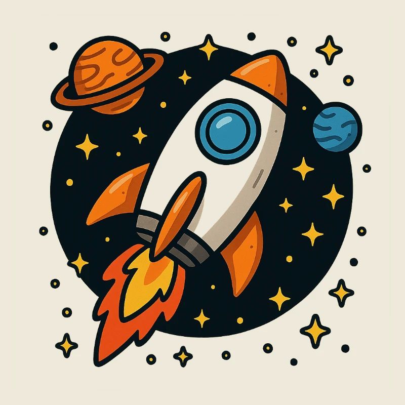 Retro space rocket in star orbit