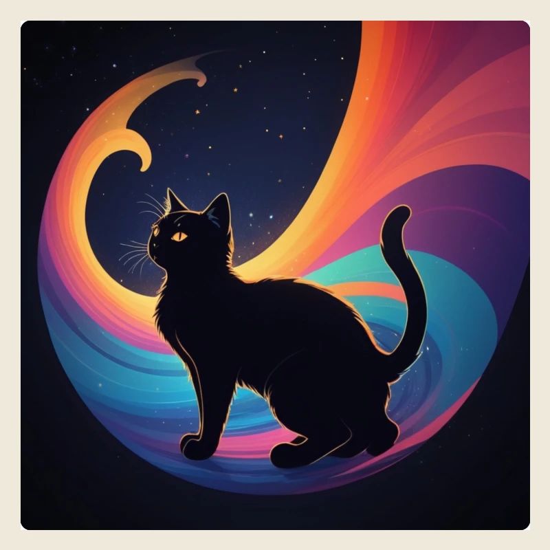 Chat noir devant les couleurs de l’arc-en-ciel