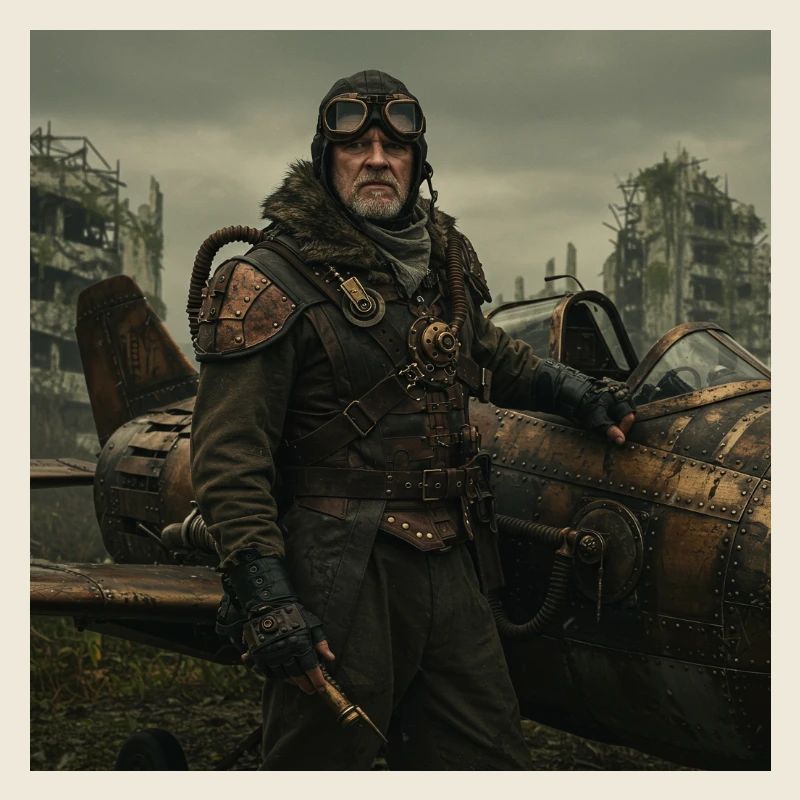 Pilote steampunk sur ruines postapo
