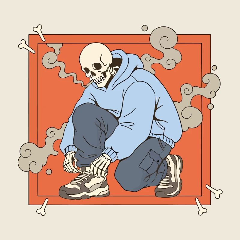 Skelett im Kapuzenpullover auf orangefarbenem Rahmen