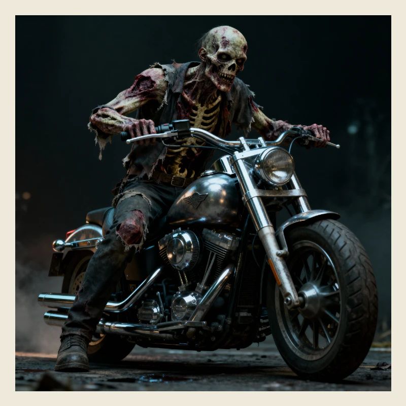 Zombie biker on motorcycle in pit light