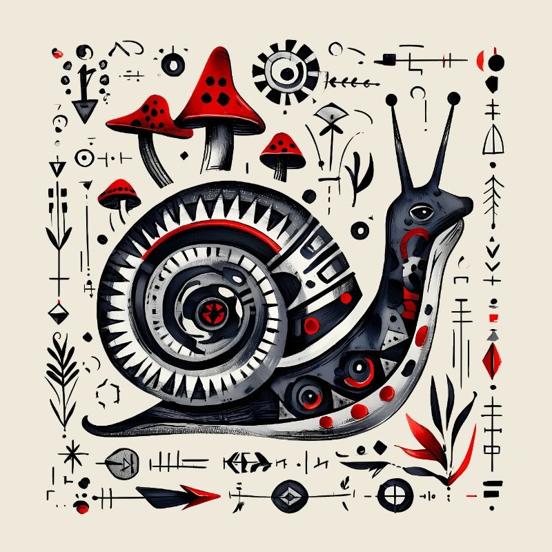 Escargot d’art populaire aux champignons – Design rétro