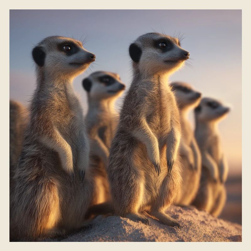 Wachsame Meerkatzen im Abendlicht Erdmännchen