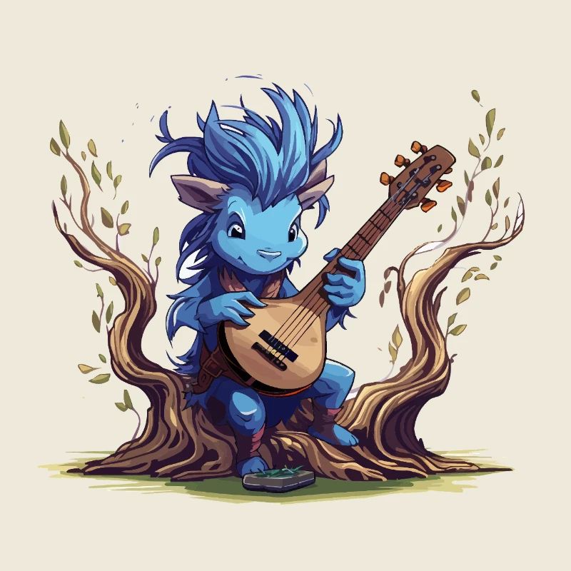 Blauer Kobold mit Laute im Wald