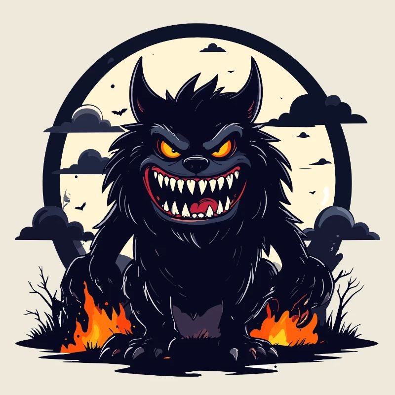 Moonlit Night Werewolf Monster with Fire Flames