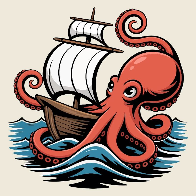 Octopus Entwines Sailing Ship Squid Ship