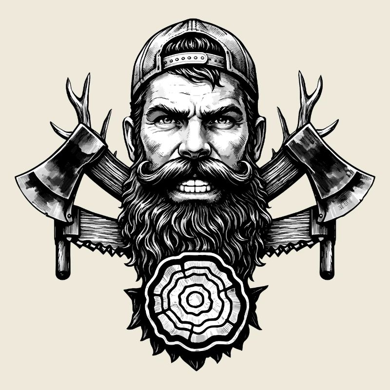 Bûcheron avec barbe, haches et tronc d’arbre