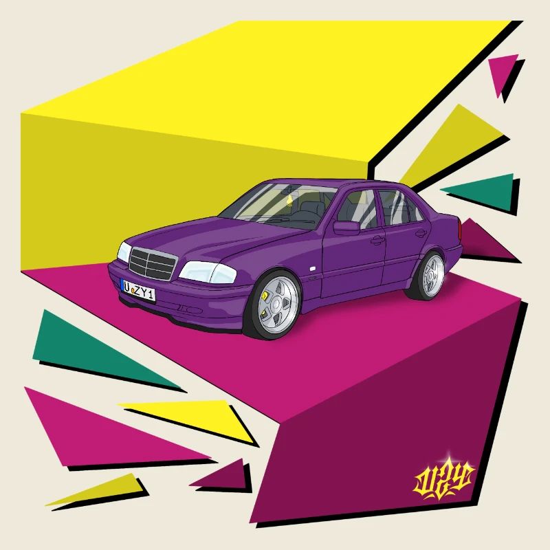 Lila Auto im Neon-Geomuster 