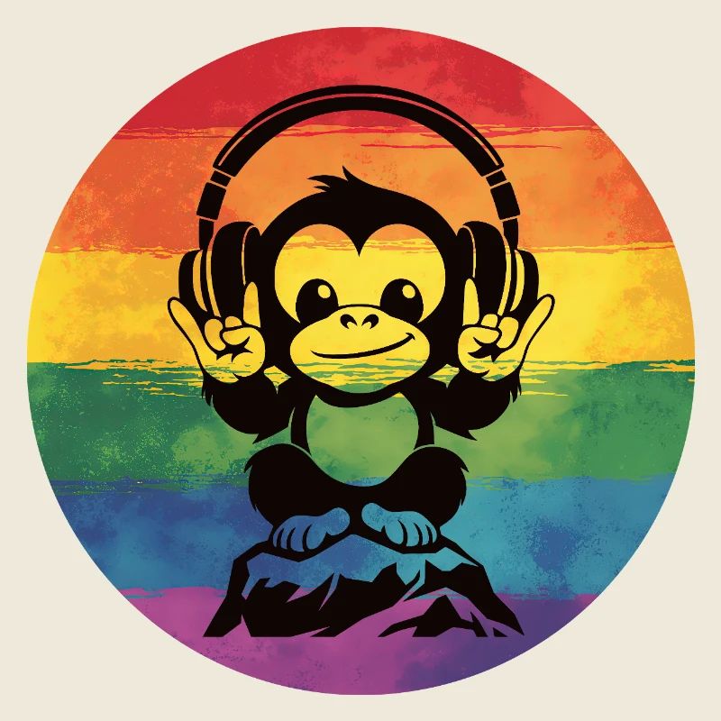 Regenbogen DJ Affe – Kopfhörer Rockhandzeichen