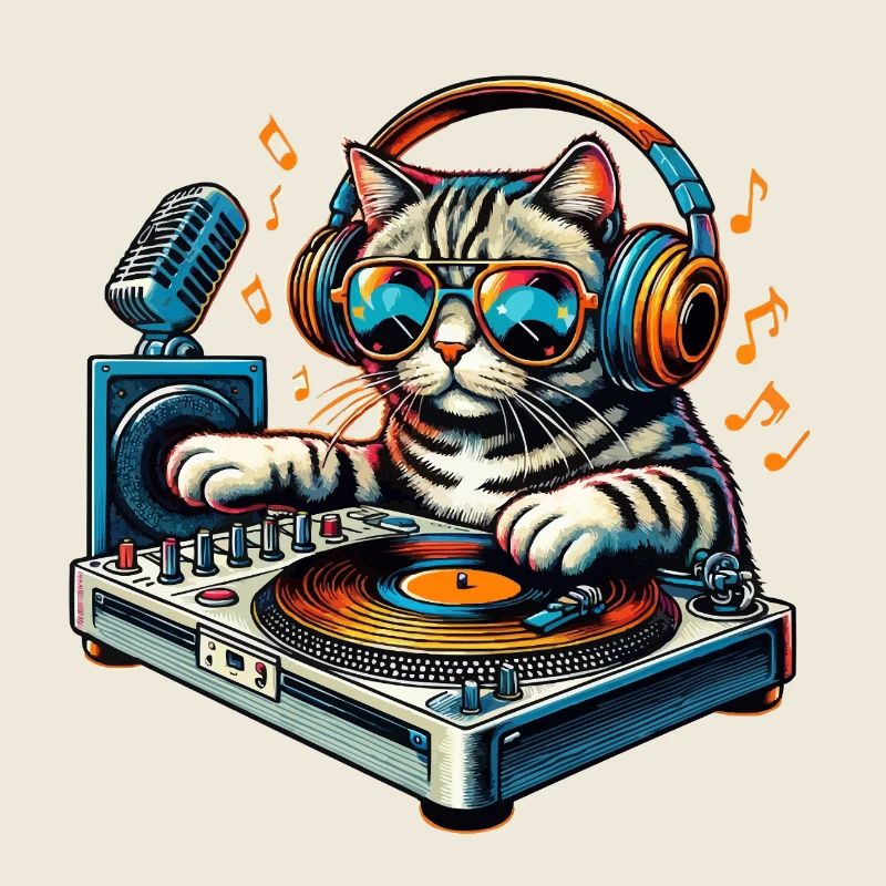 DJ chat avec casque et platine