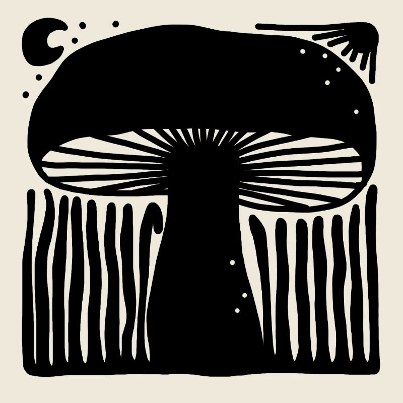 Mystische Himmlische Pilz-Linolschnitt-Illustration