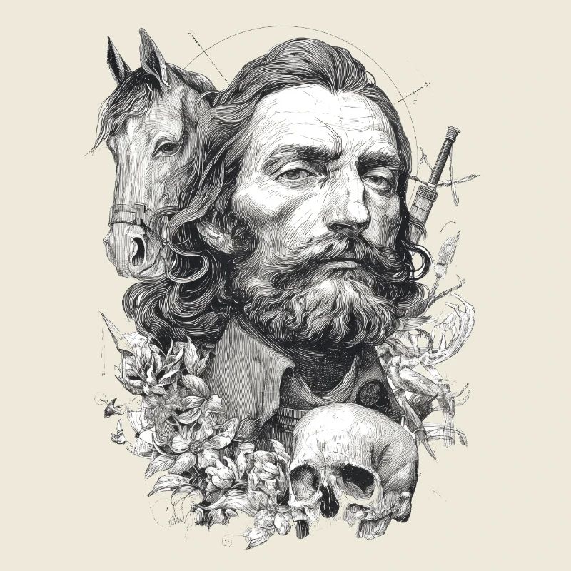 Mann, Pferd und Totenschädel