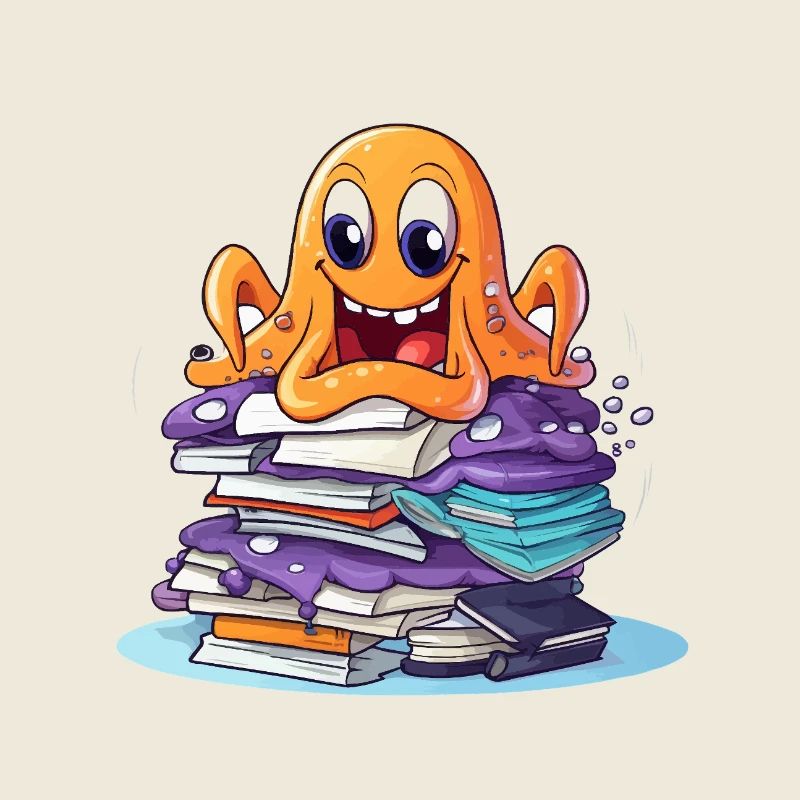 Learning octopus with stack of books