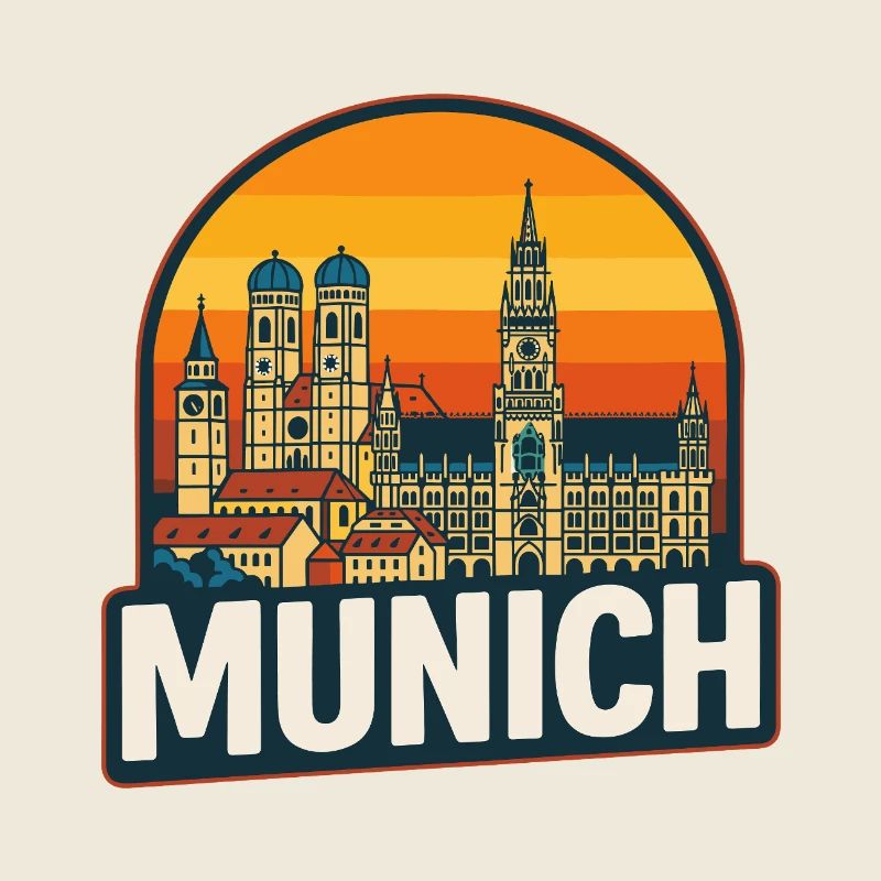 München, Deutschland Retro Sonnenuntergangs-Skyline-Kunst
