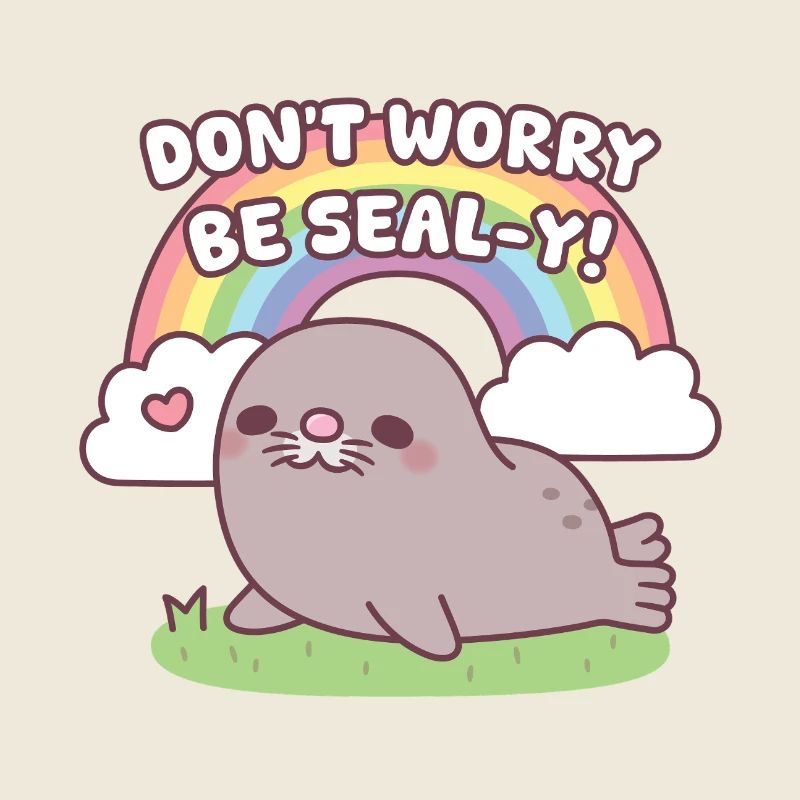 Mach dir keine Sorgen, sei siegelhaft, niedlich, dicker Robbe und Regenbogen