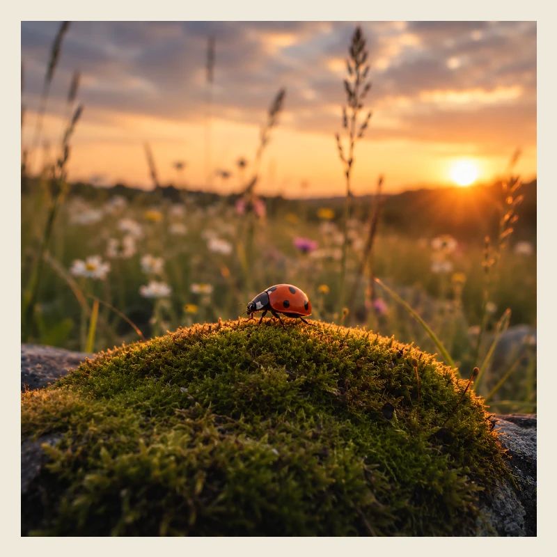 Coccinelle au coucher de soleil et à la mousse