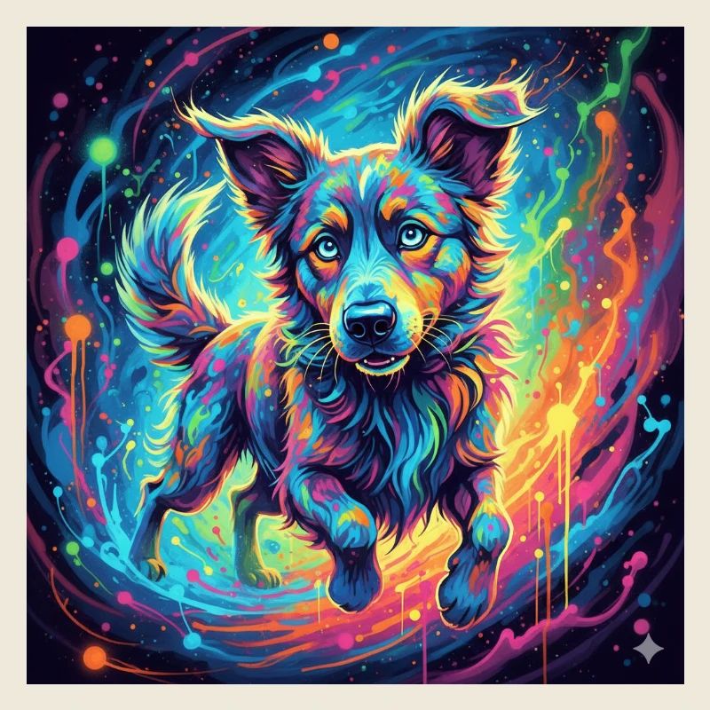 Un chien néon dans un tourbillon de couleurs